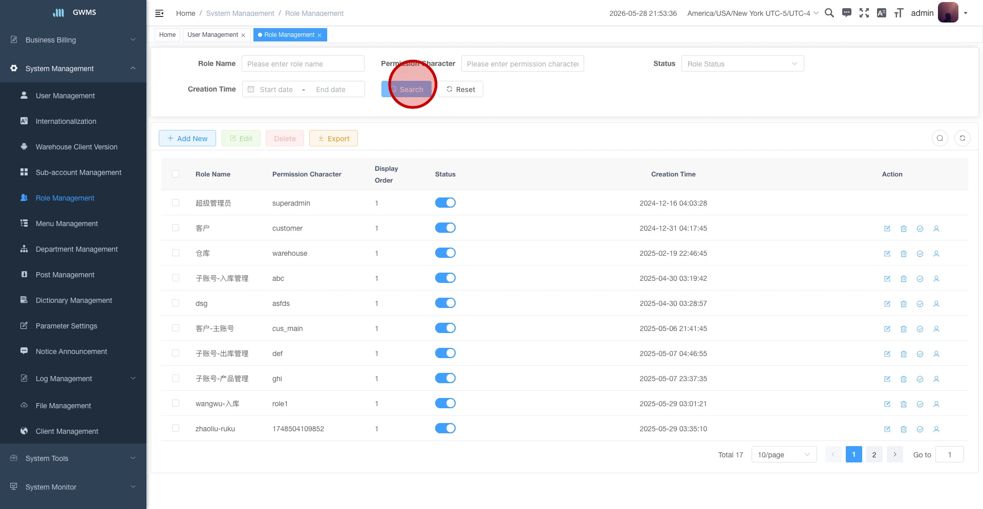 Role Management list page