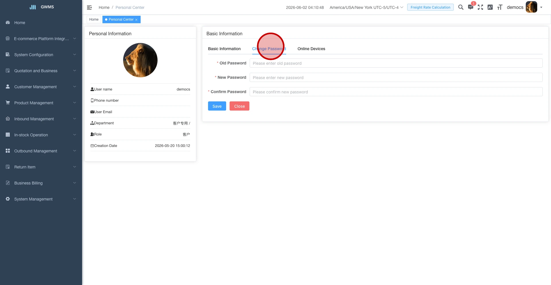 Switch to the Change Password tab