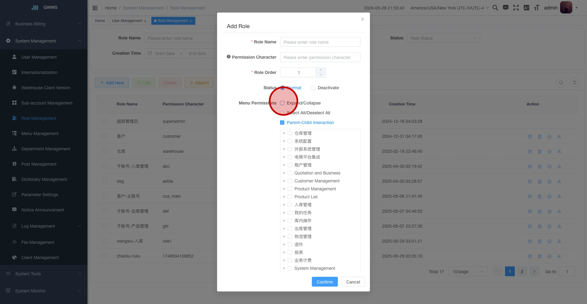 Add Role pop-up