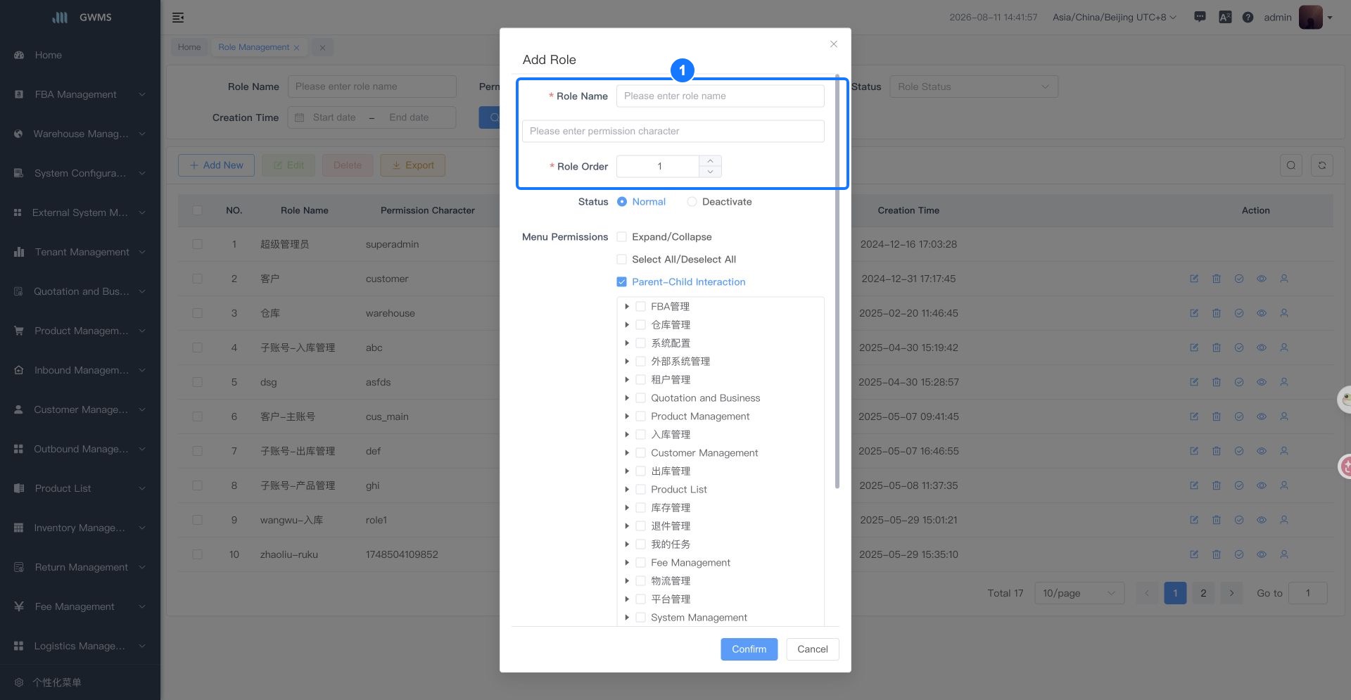 Add Role pop-up