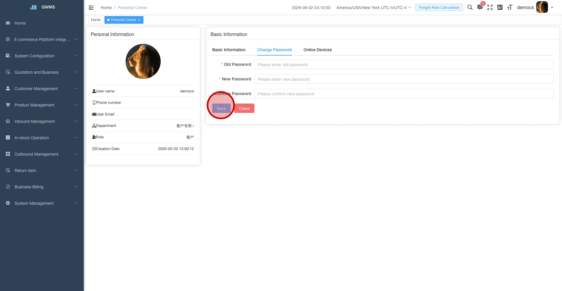 Change Password form and Save button