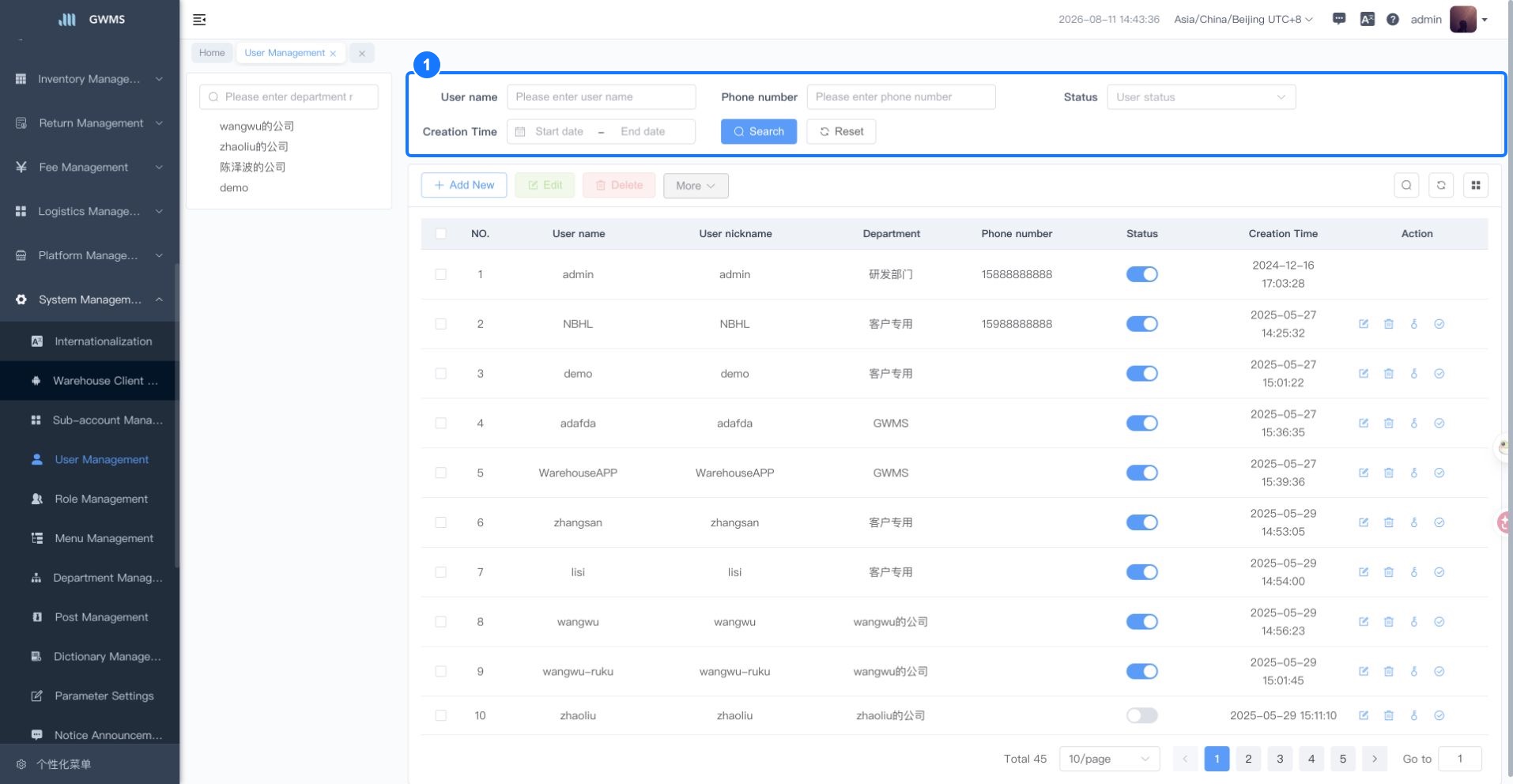 User Management list page