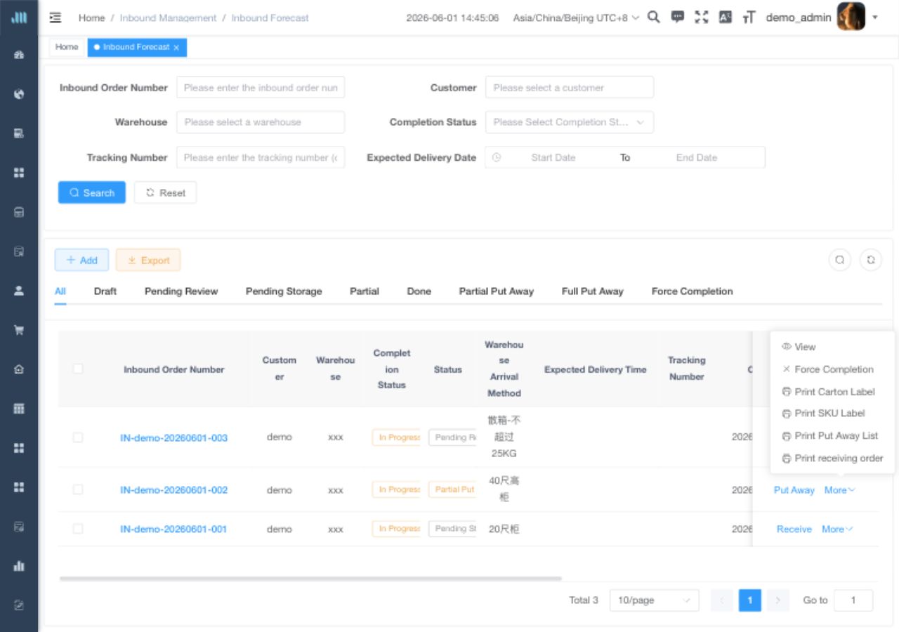 Inbound forecast list page