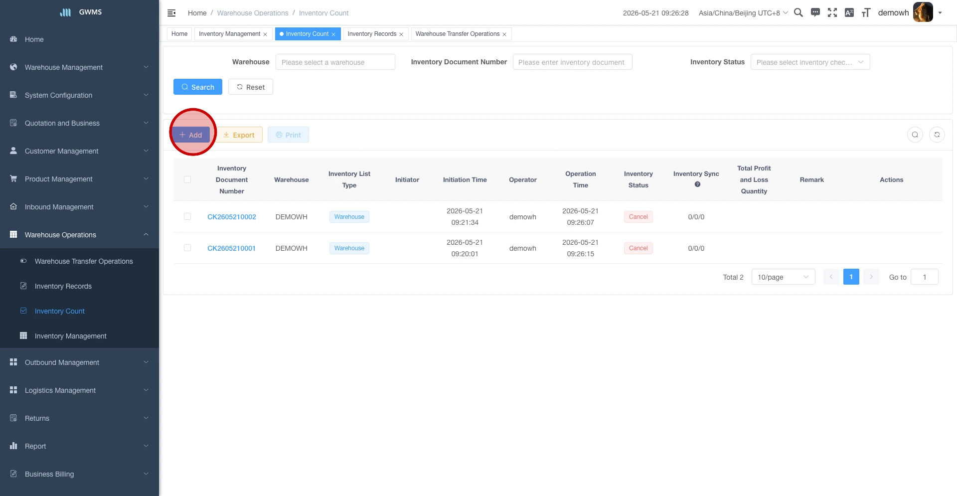 Click Add on the Inventory Count page