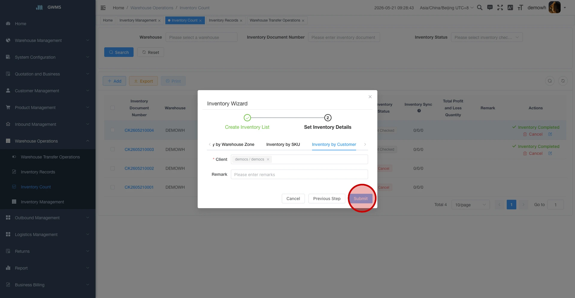 Generate inventory count details by customer