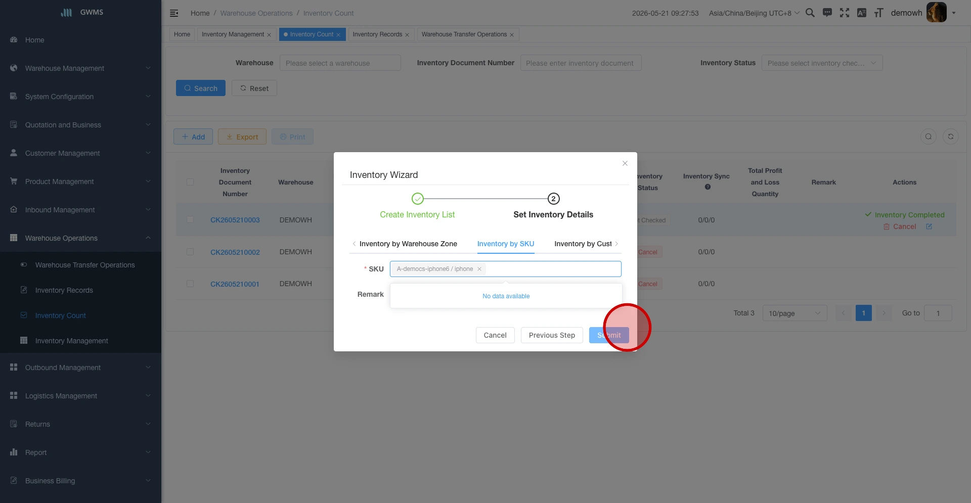 Generate inventory count details by SKU
