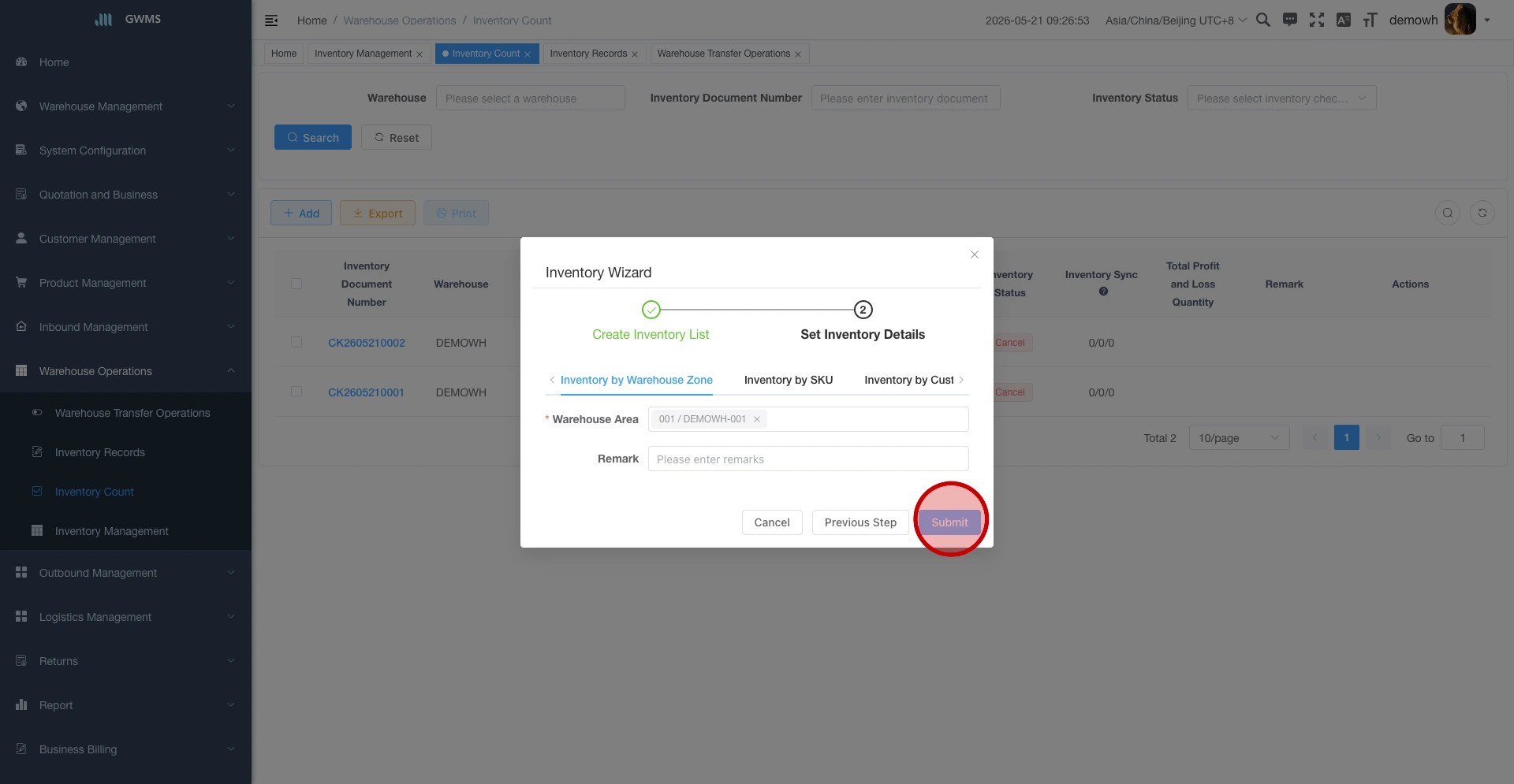 Generate inventory count details by warehouse zone