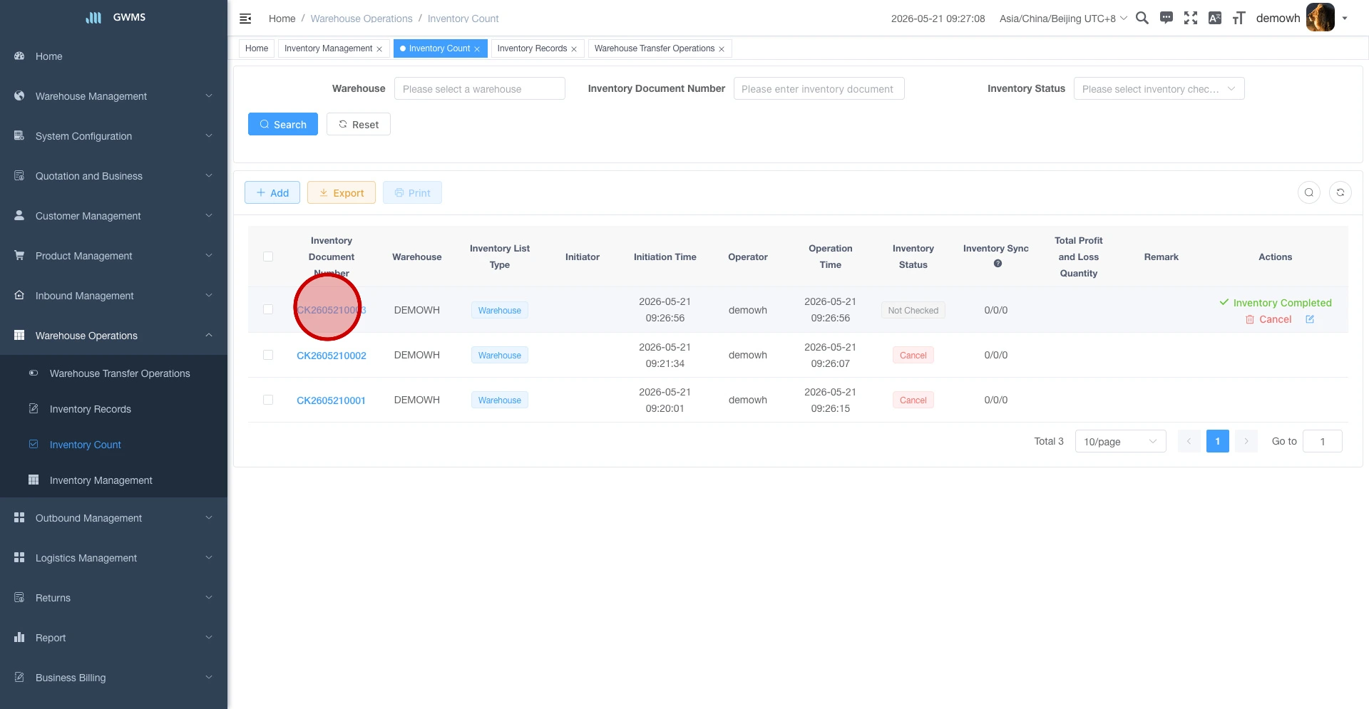 The newly created inventory count document appears in the list