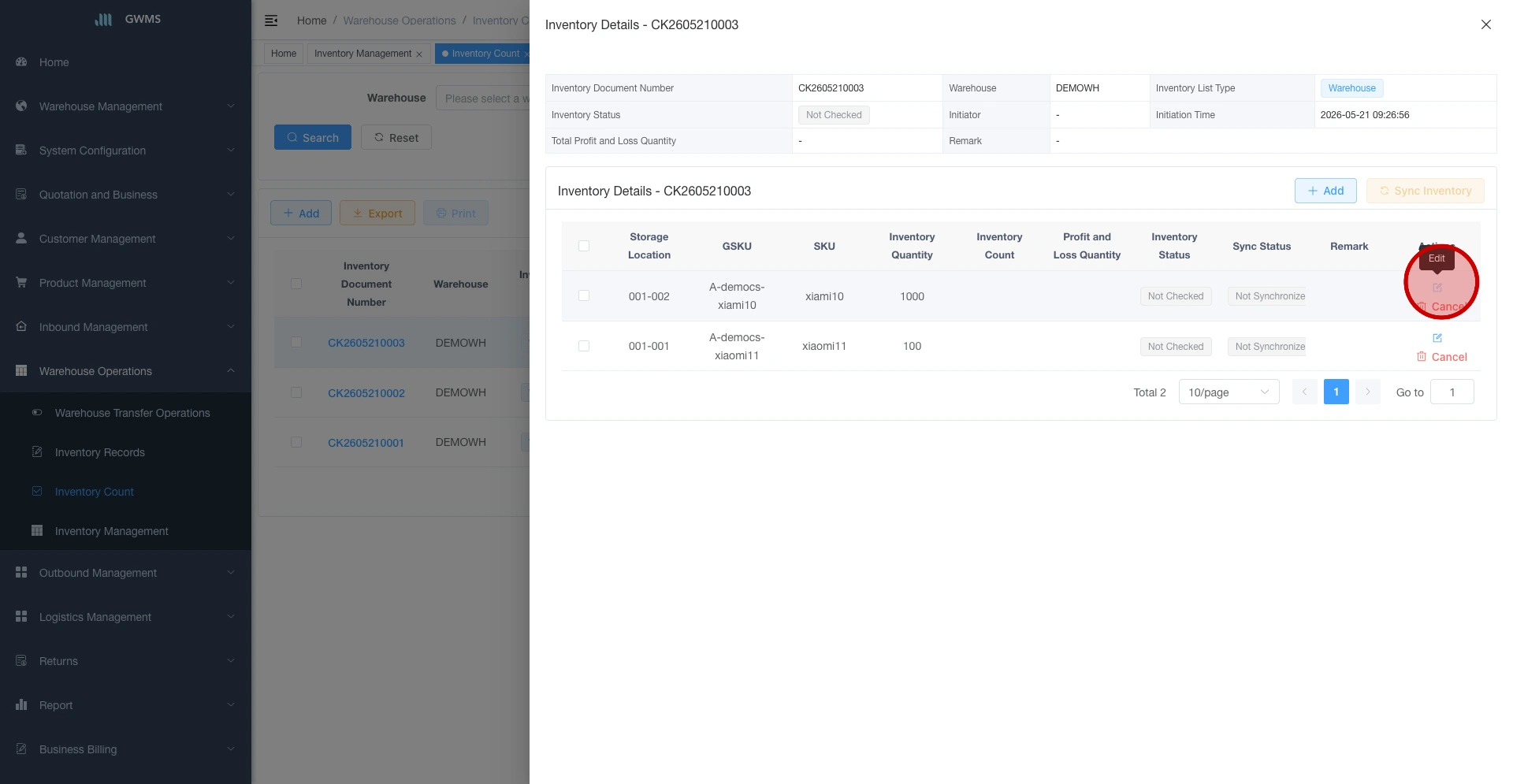 Open the detail panel and review the generated inventory count details