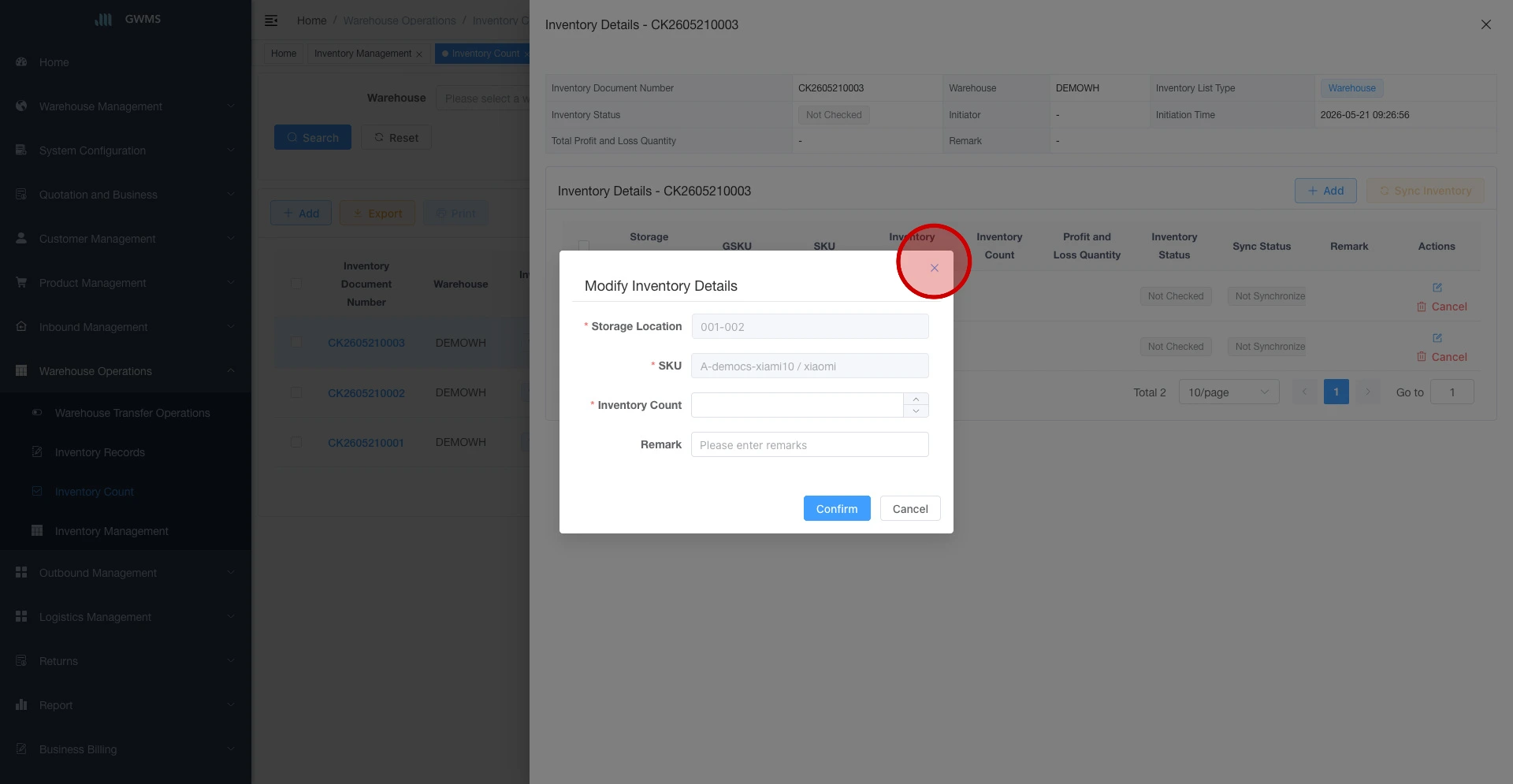 Modify one inventory detail and record the counted quantity