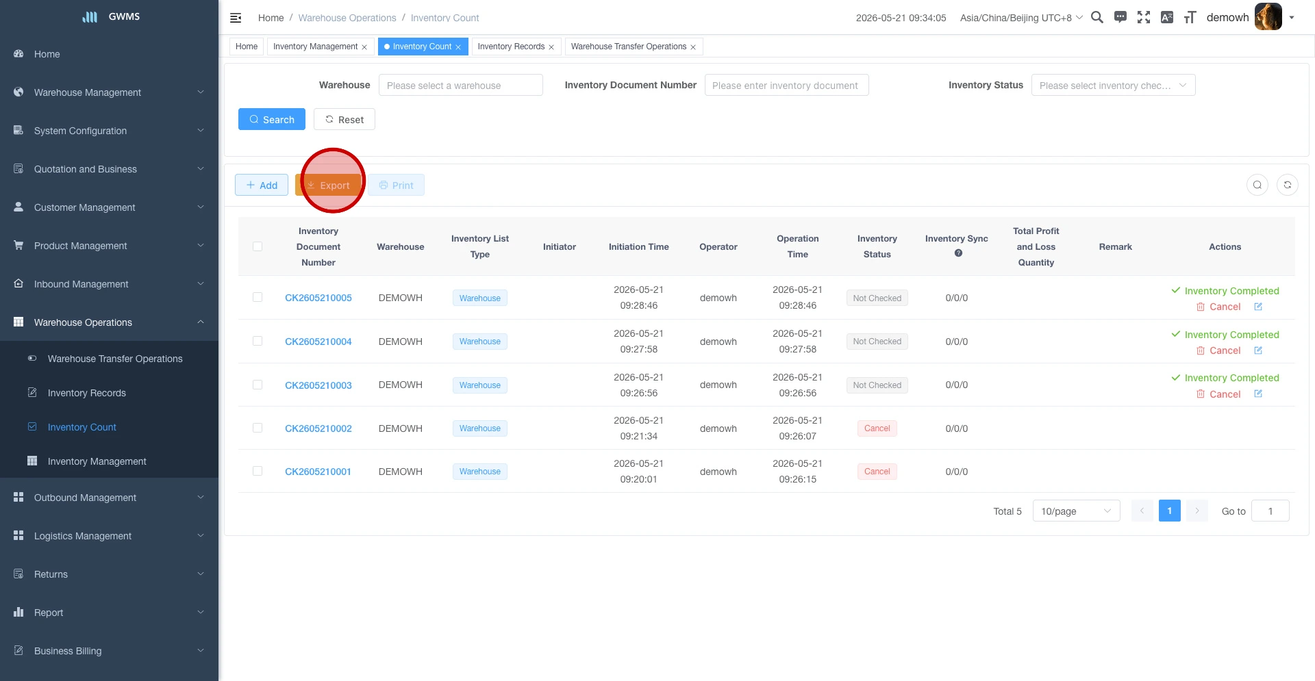 Click Export on the Inventory Count page