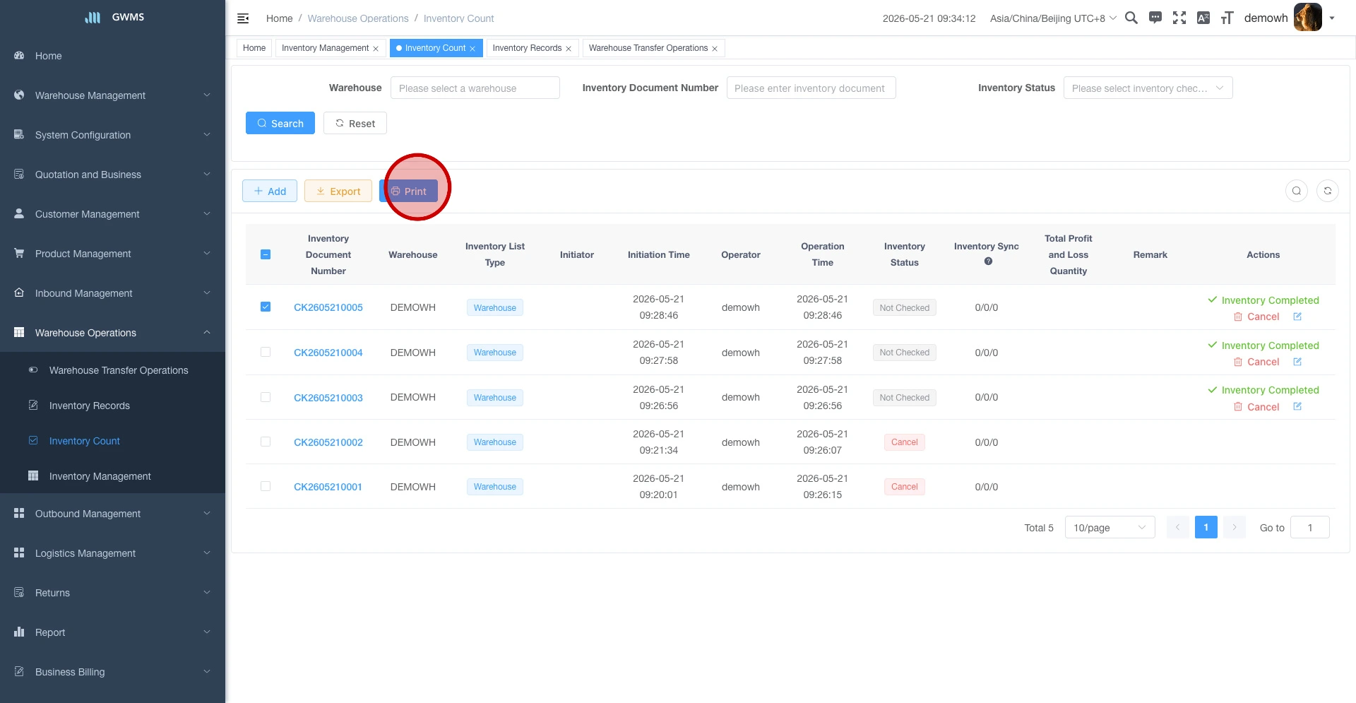 Click Print for the selected inventory count document