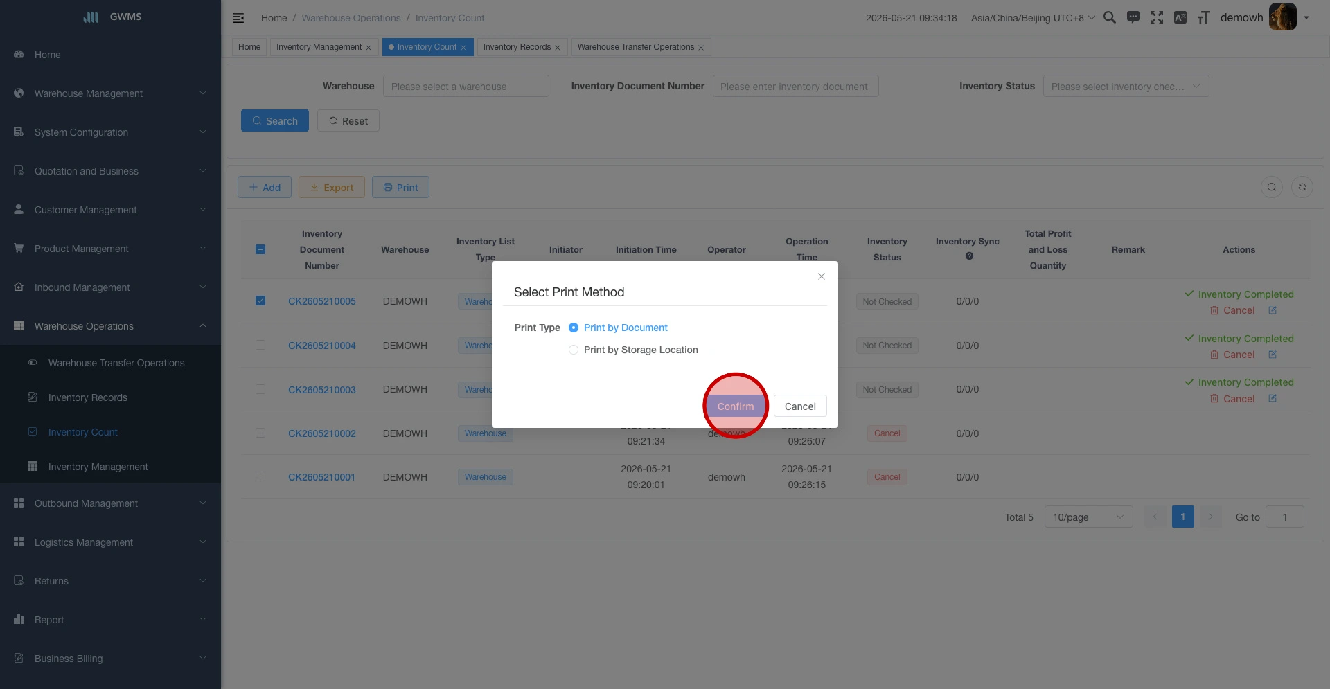 Choose a print method and confirm