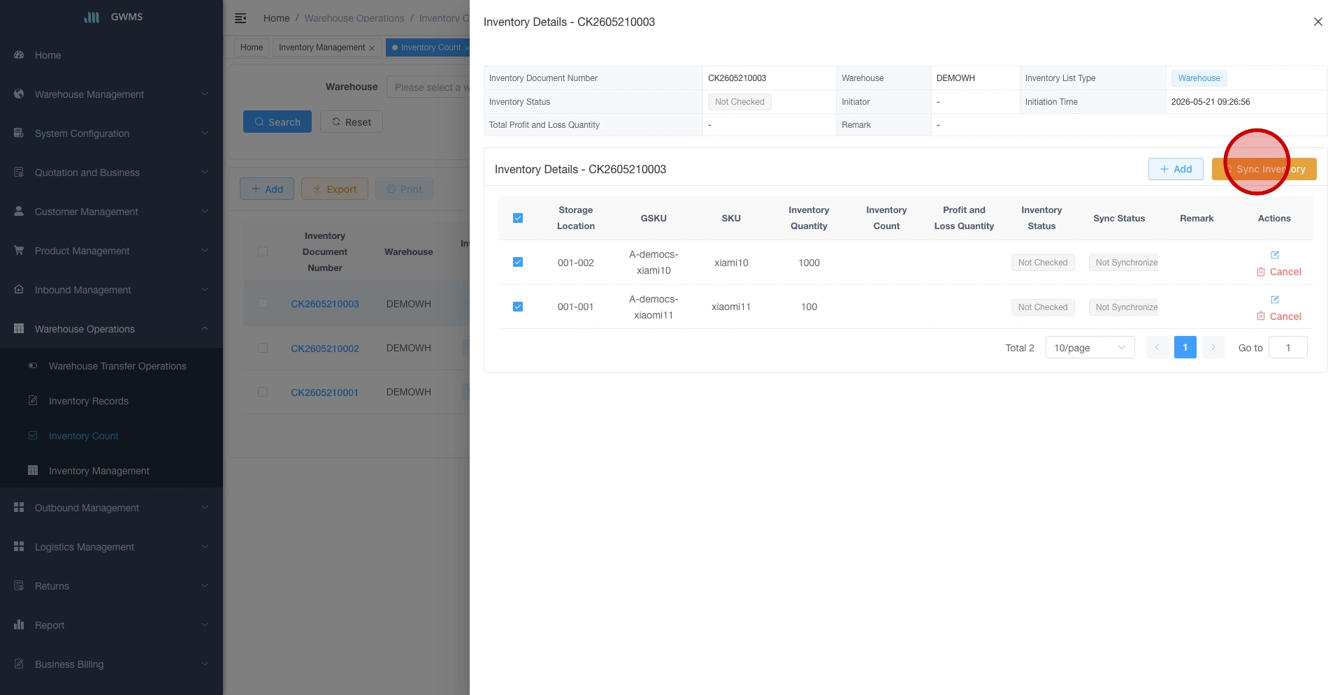 Select detail rows and click Sync Inventory
