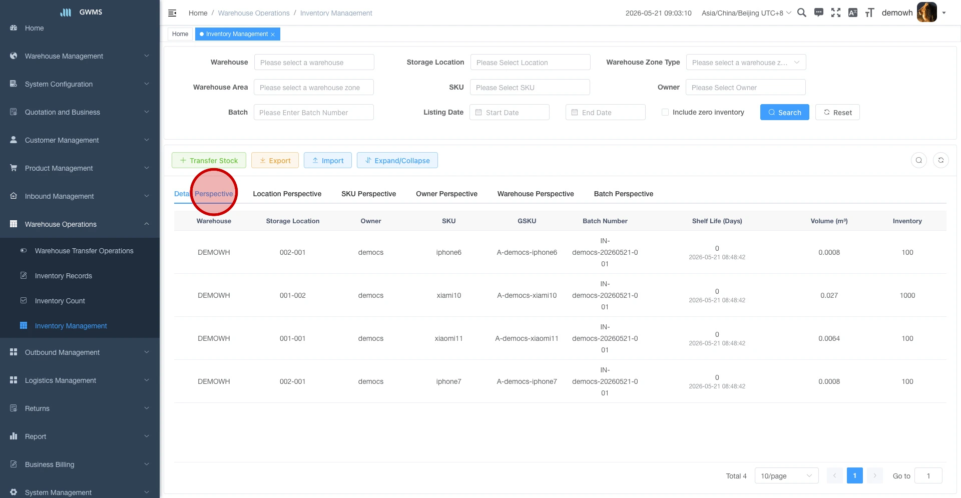 Review inventory in Detail Perspective