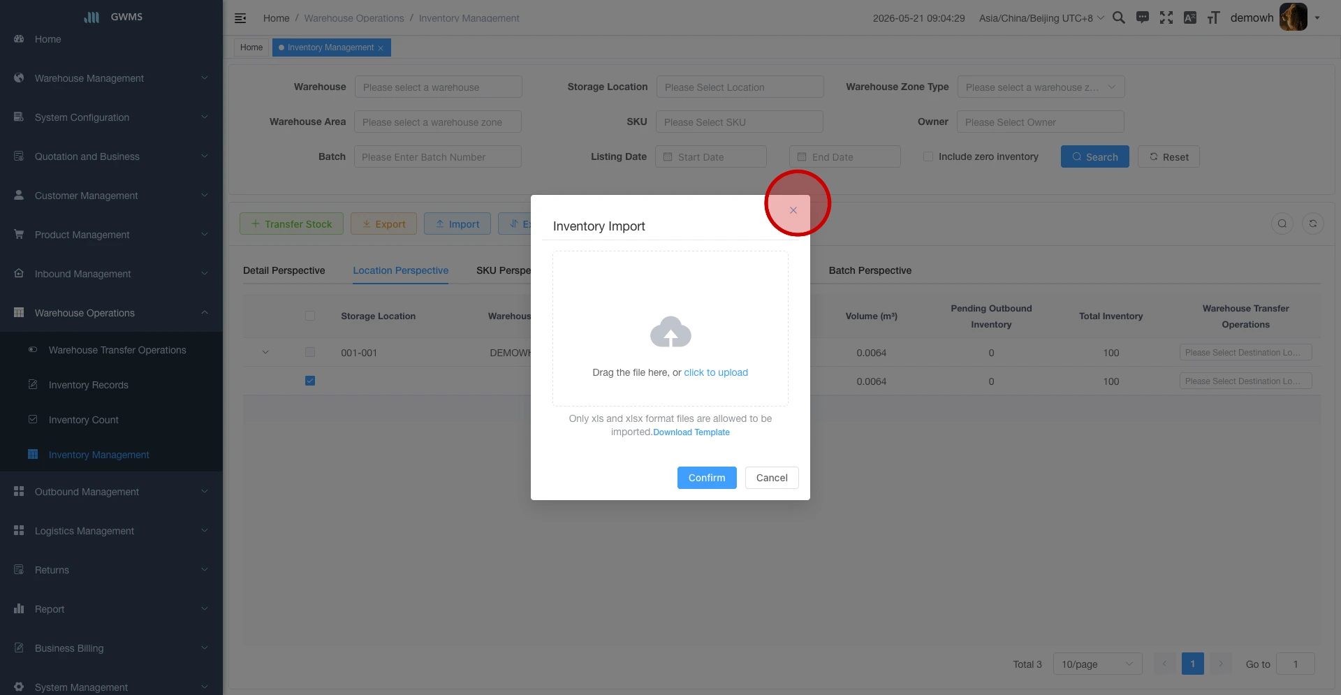Click Import from Inventory Management