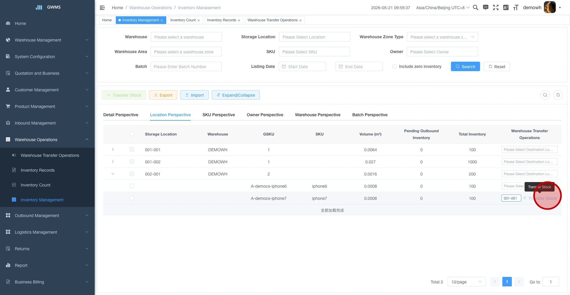 Use the inline transfer action for one SKU line