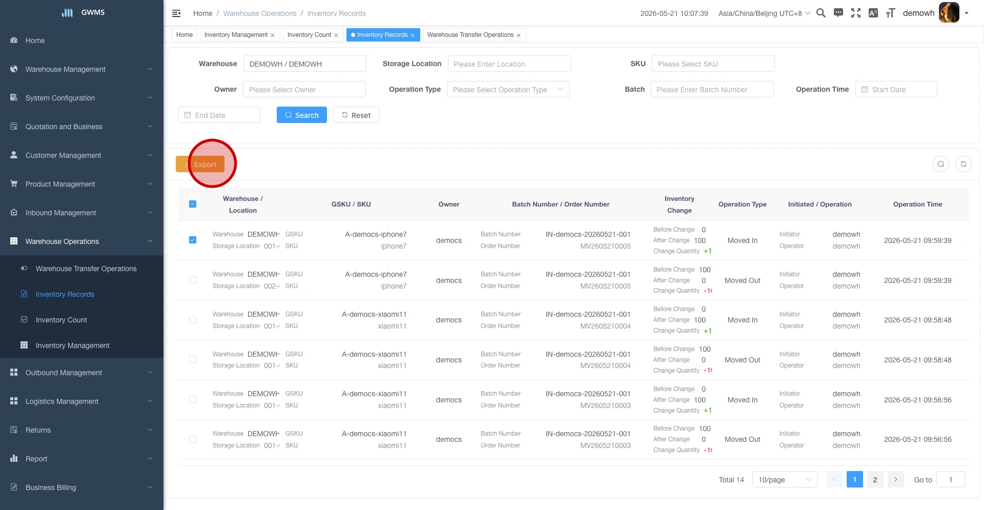 Click Export on the Inventory Records page