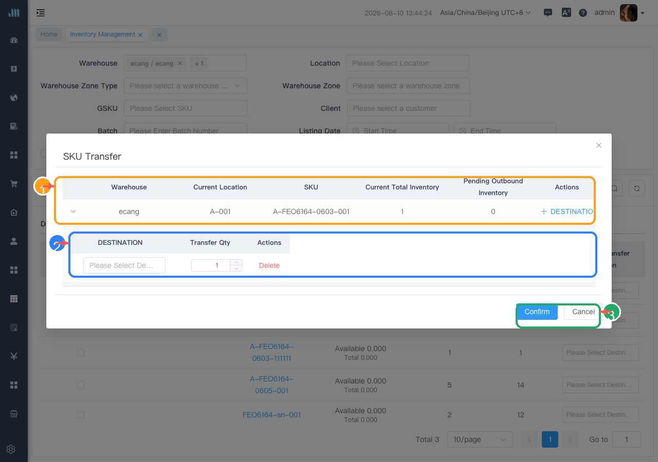 SKU Transfer dialog