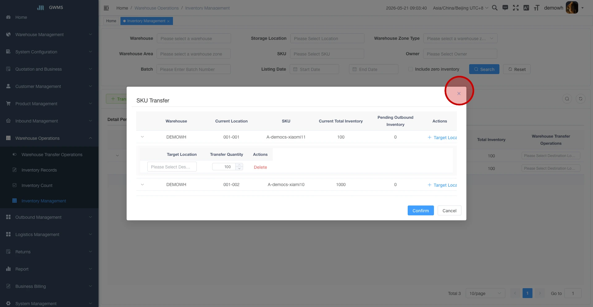 Add a target location row and enter the transfer quantity
