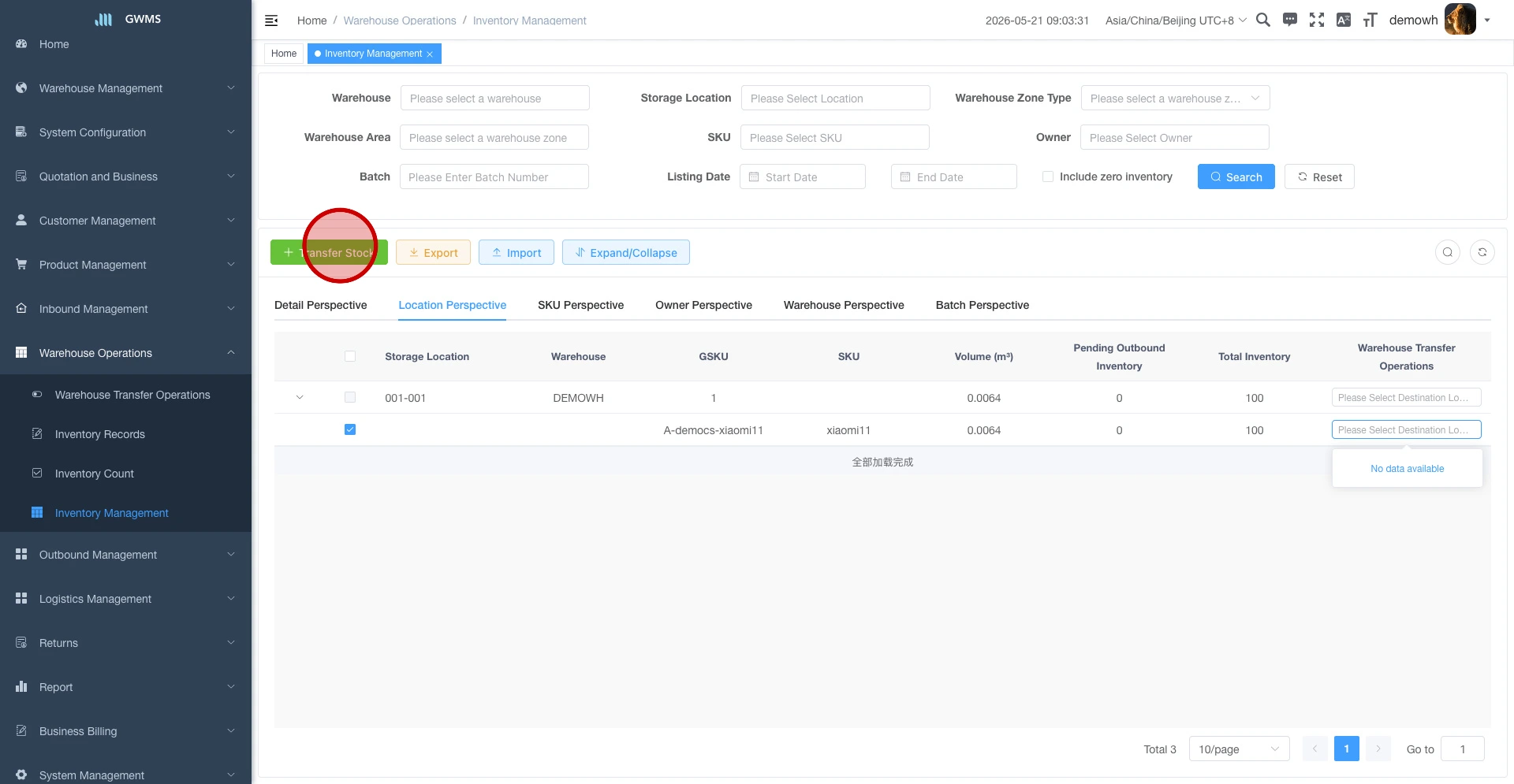 Click Transfer Stock after selecting the SKU line in Location Perspective