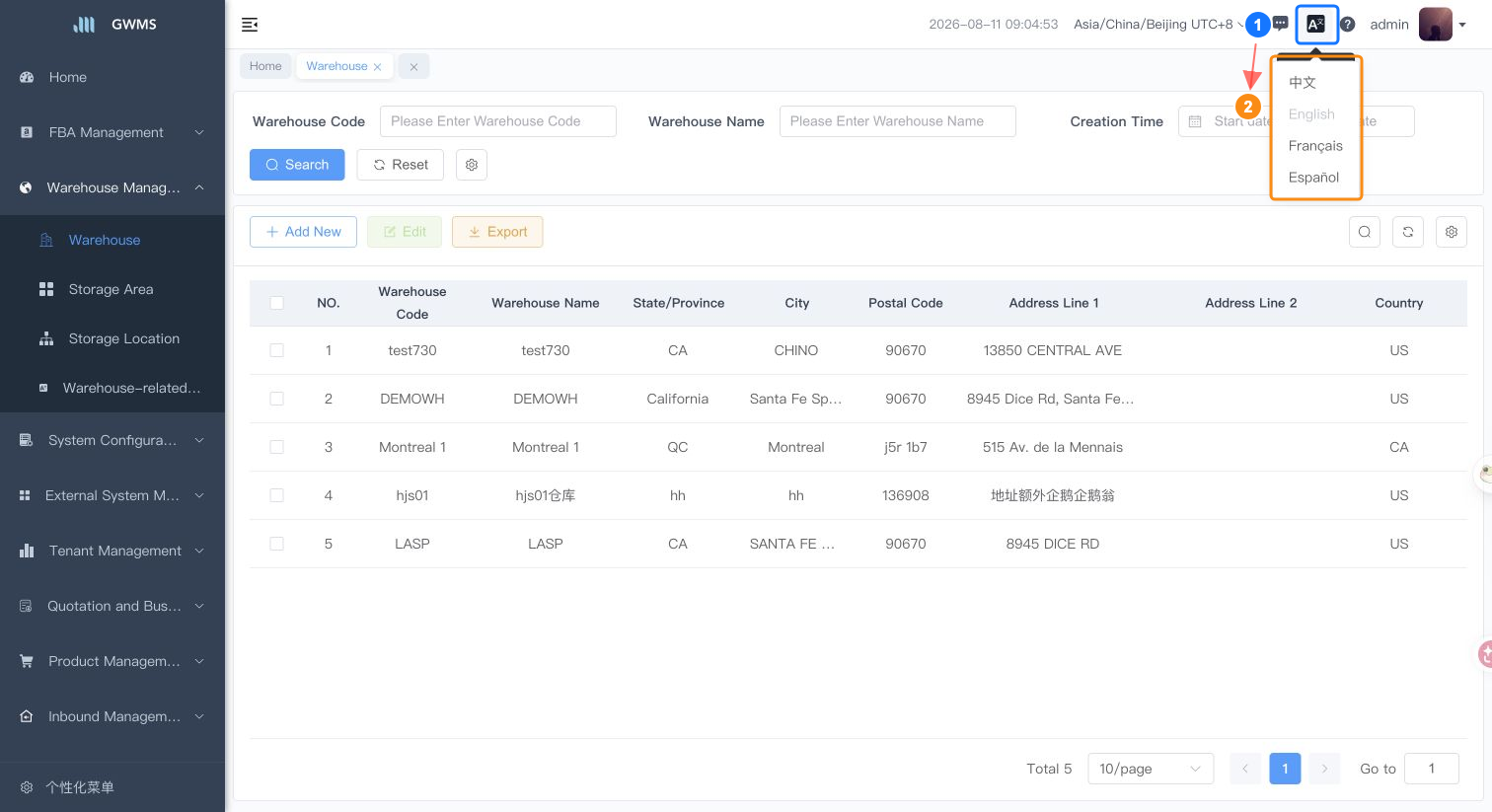 Language dropdown list
