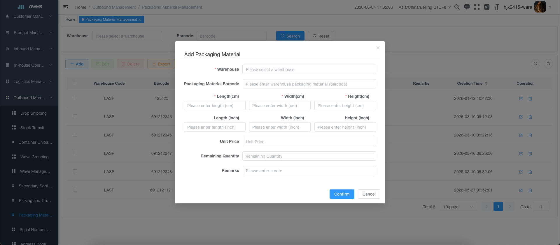 Add Packaging Material dialog