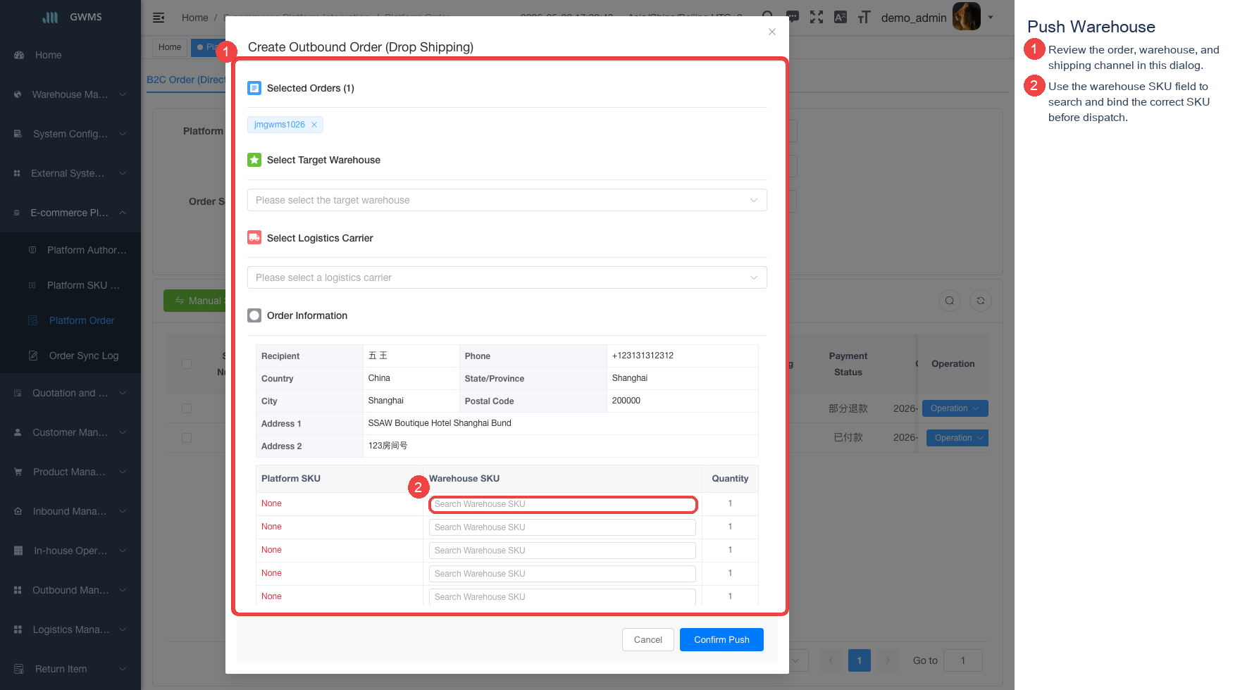 Bind warehouse SKU during dispatch