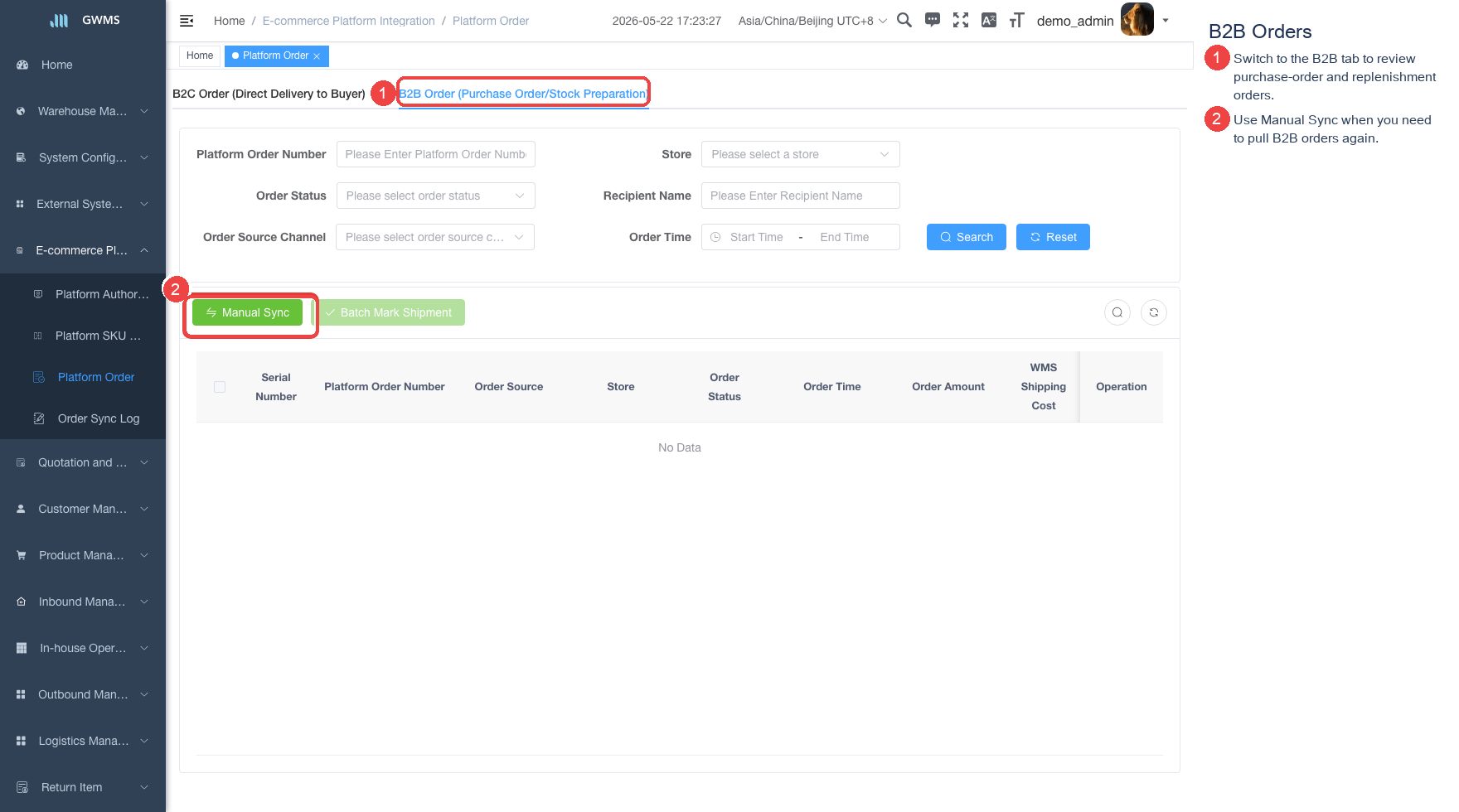 B2B orders page