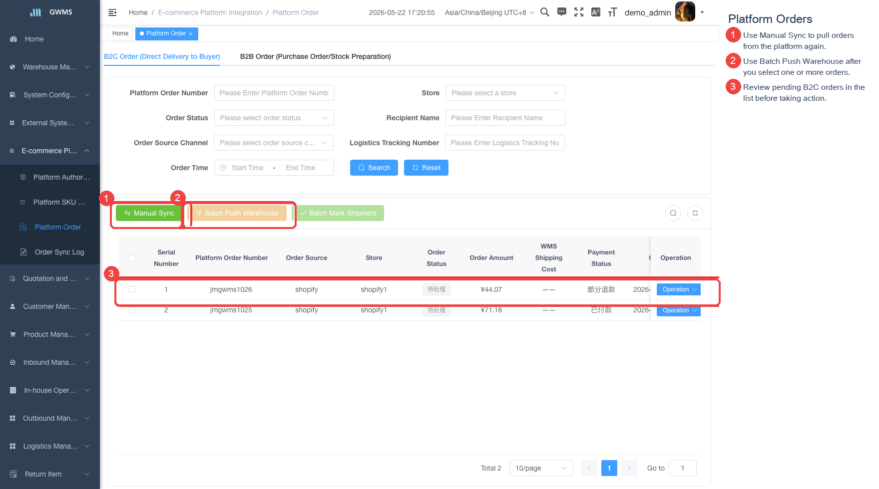 Platform orders page