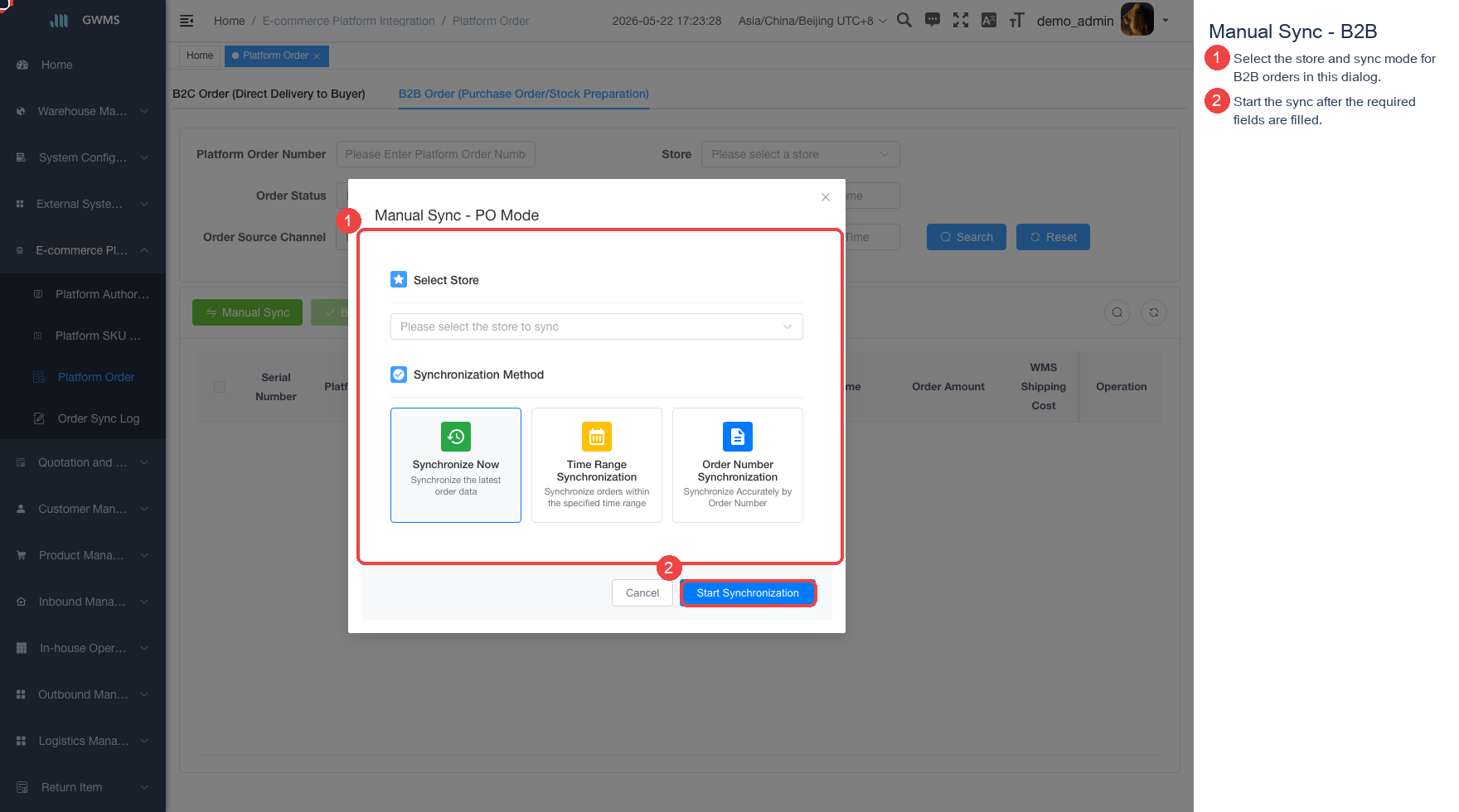 B2B manual sync dialog