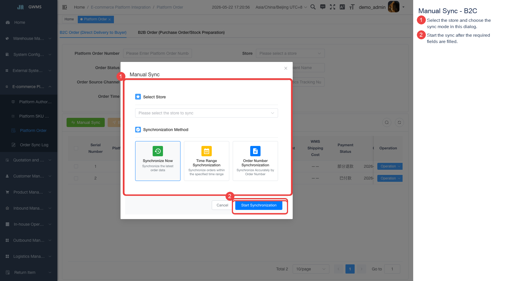 B2C manual sync dialog