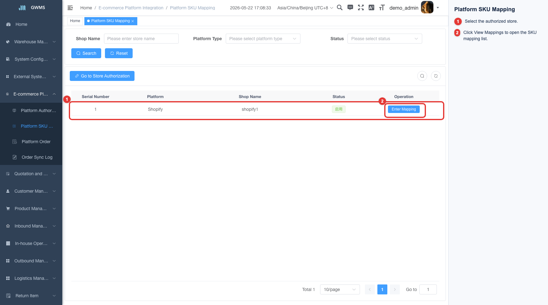 Platform SKU Mapping store list