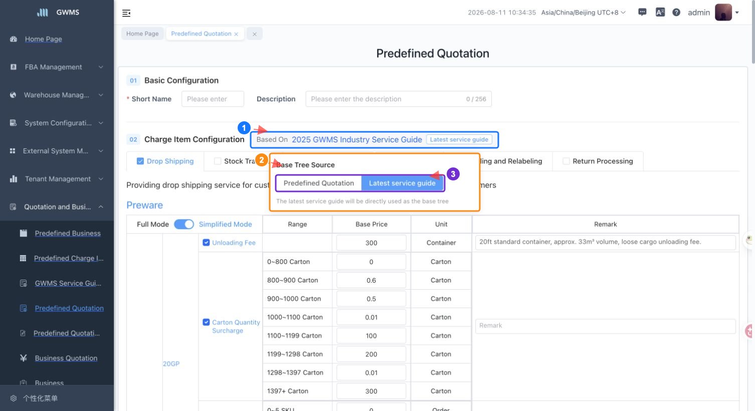 Select the base tree source for a predefined quotation