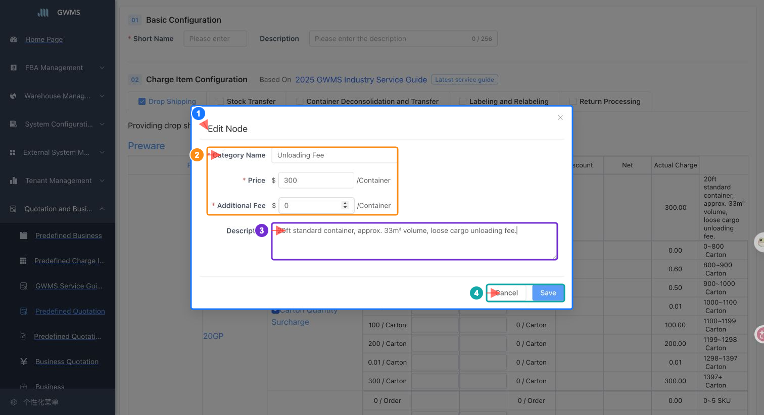 Edit a predefined quotation charge node