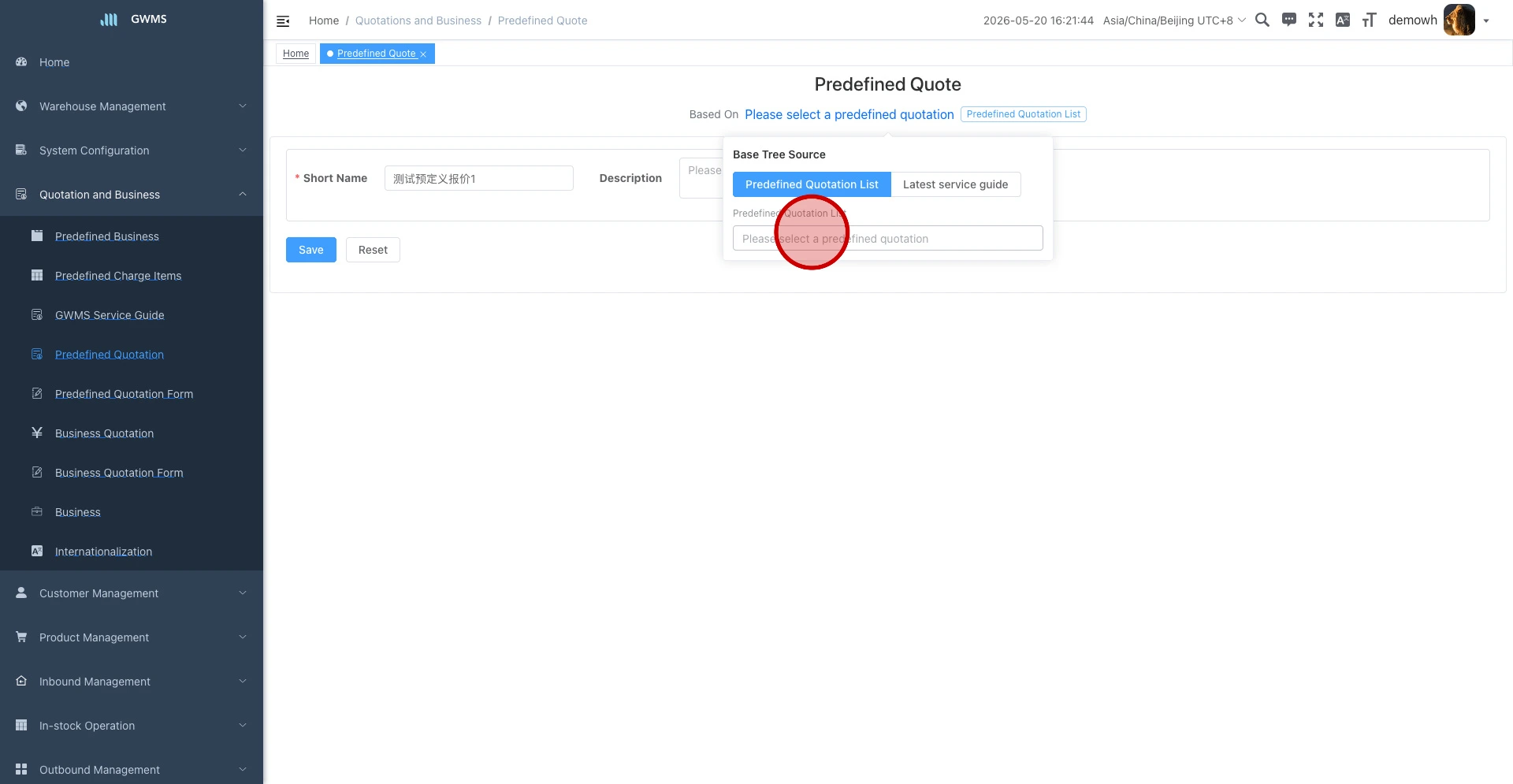 When Predefined Quotation mode is selected but no template is chosen yet, the charge tree stays hidden