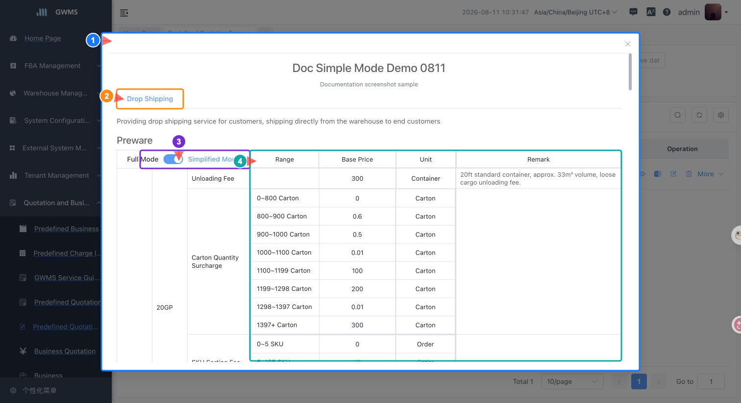 View a predefined quotation sheet in Simplified Mode