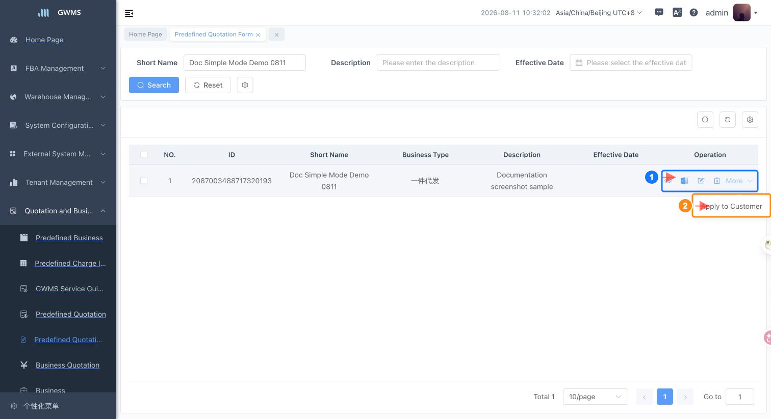 Apply a predefined quotation sheet to customers from the More menu