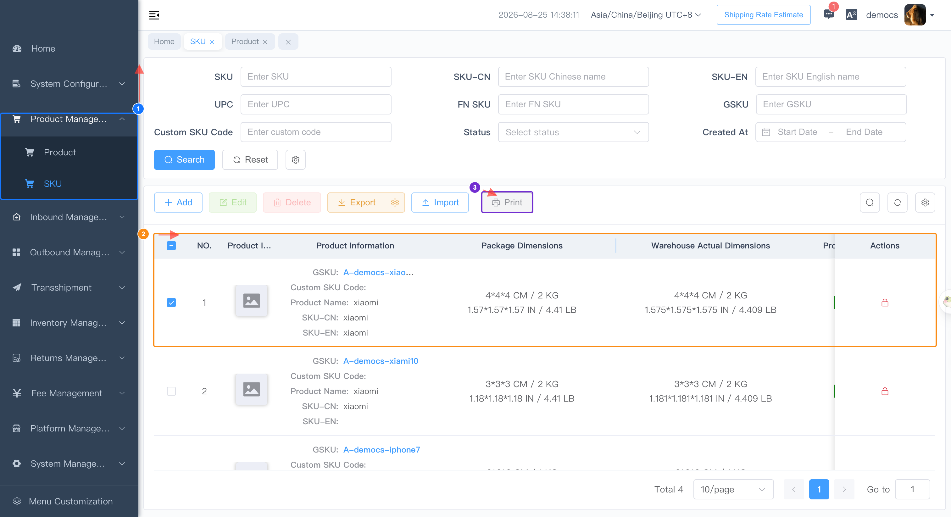 Select a populated SKU and click Print
