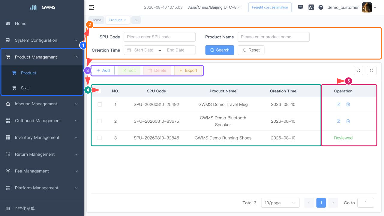 Product list with records and the Operation column