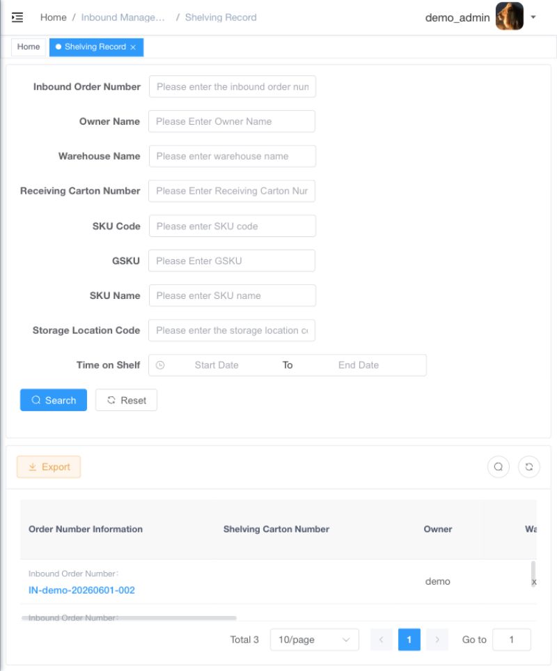 Putaway Records query page