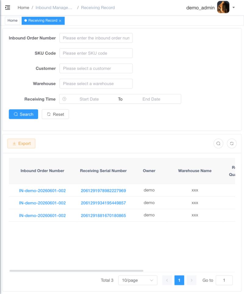 Receiving Records query page