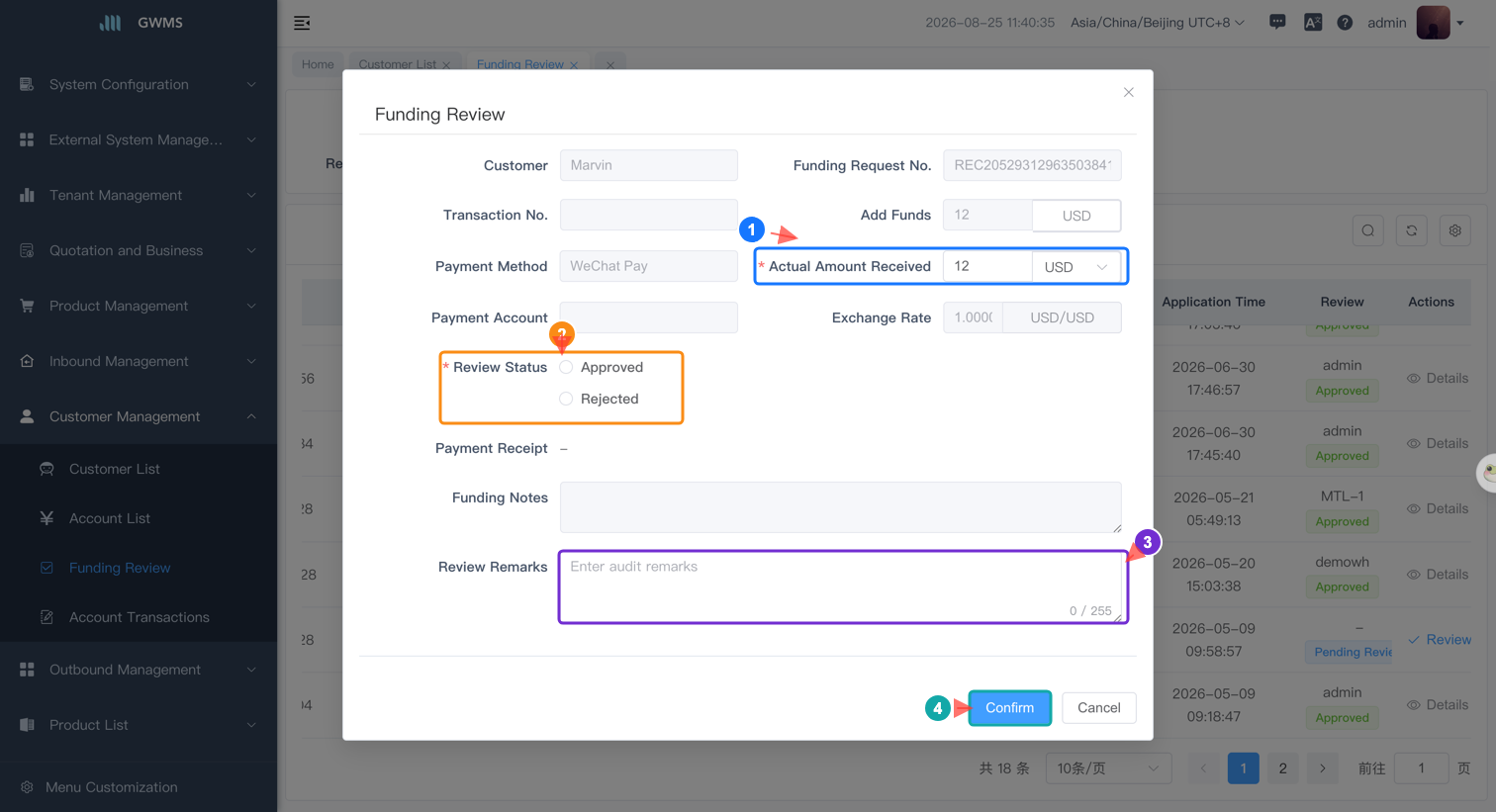 Review actual received amount and status