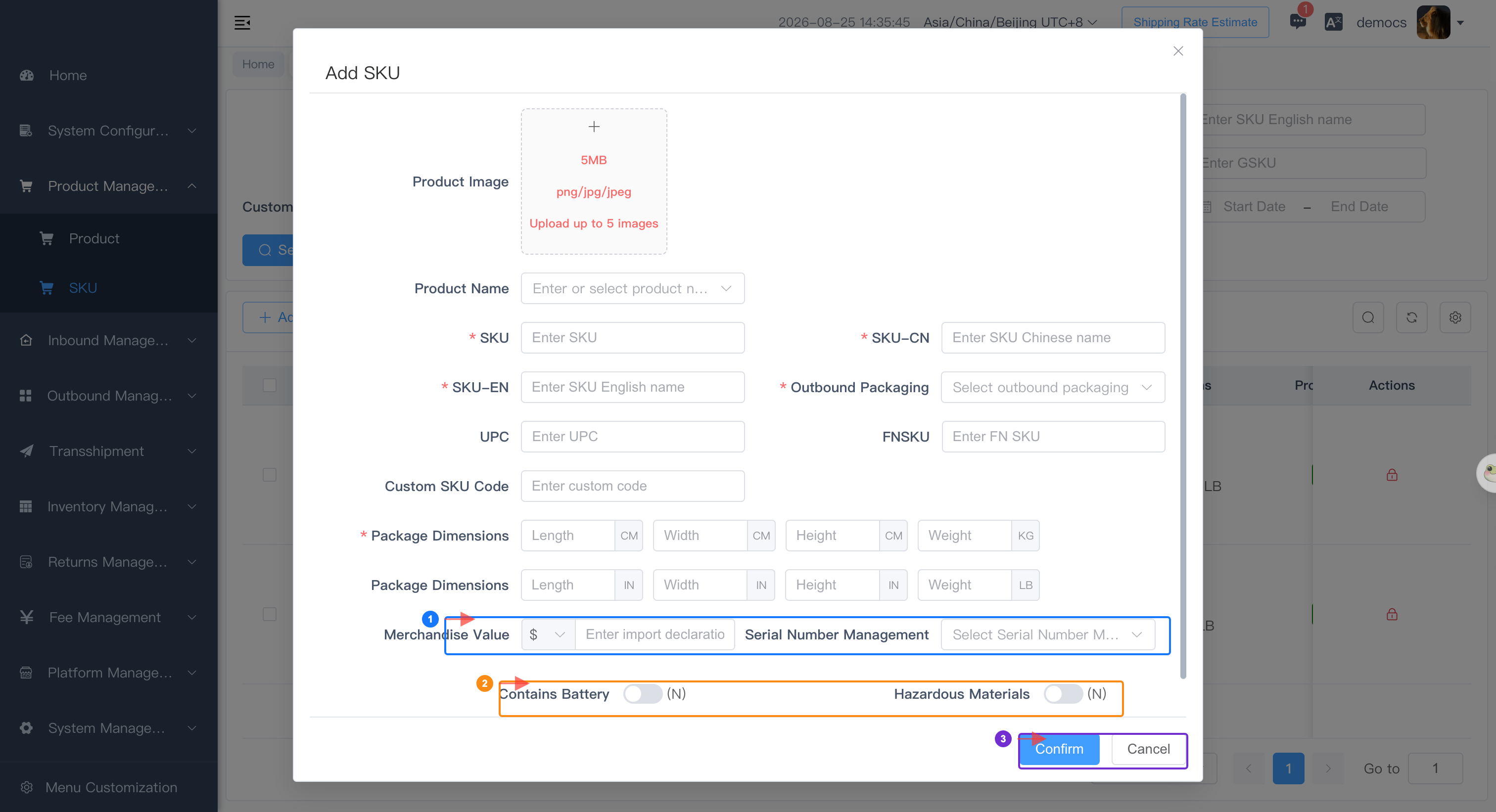 Enter value, serial number settings, and product attributes