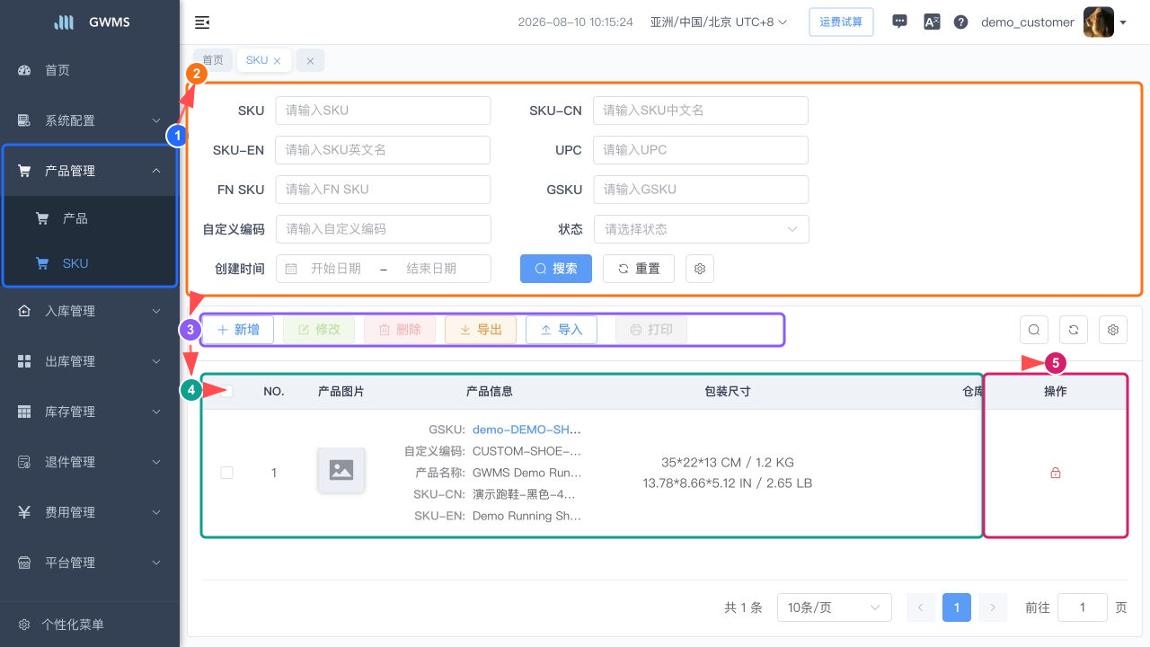 包含 SKU 数据和操作列的 SKU 列表页面