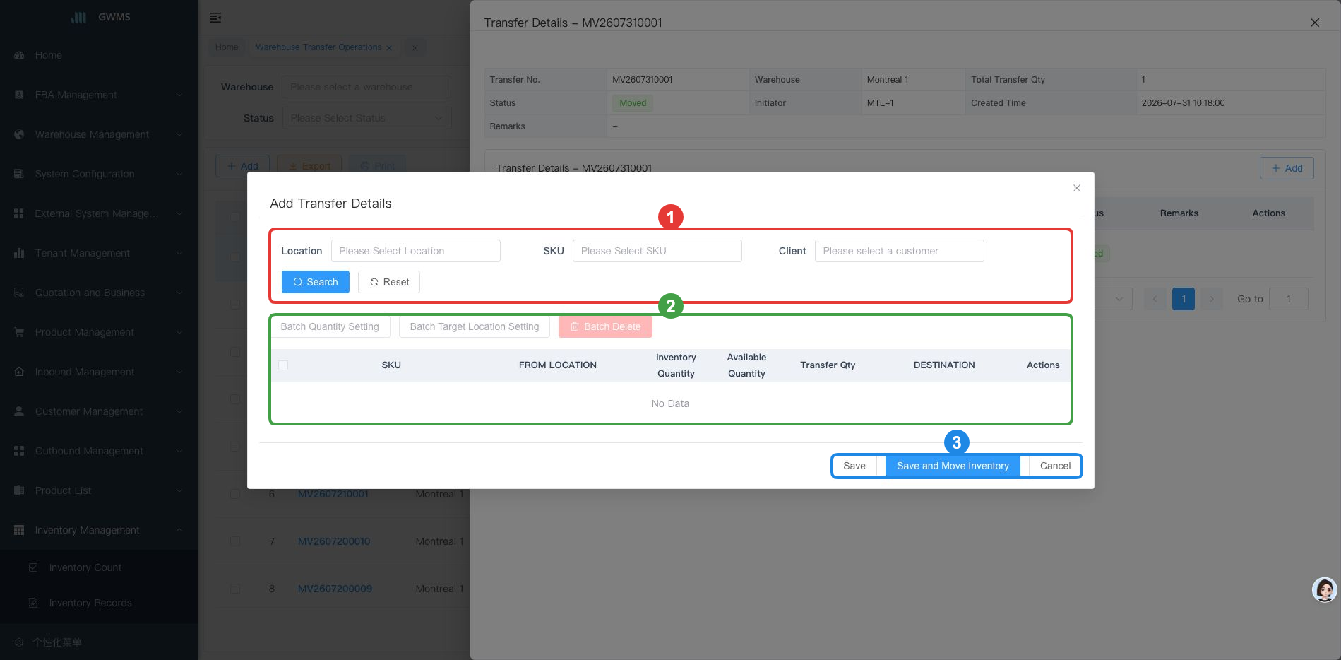Add transfer details