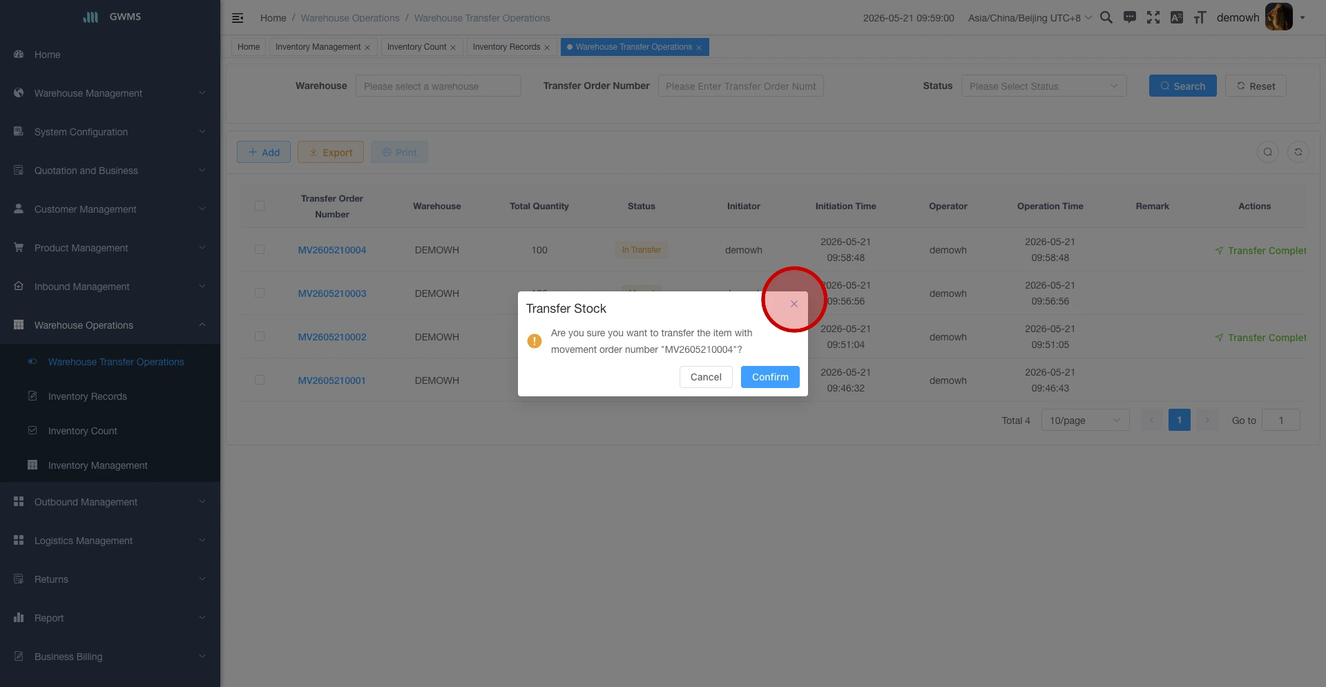 Confirm the Transfer Completed action