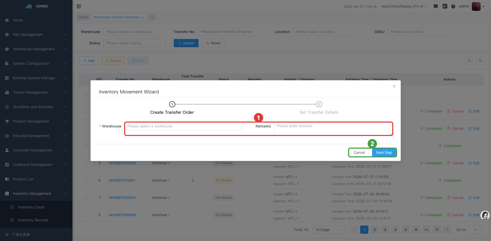 Create a transfer order