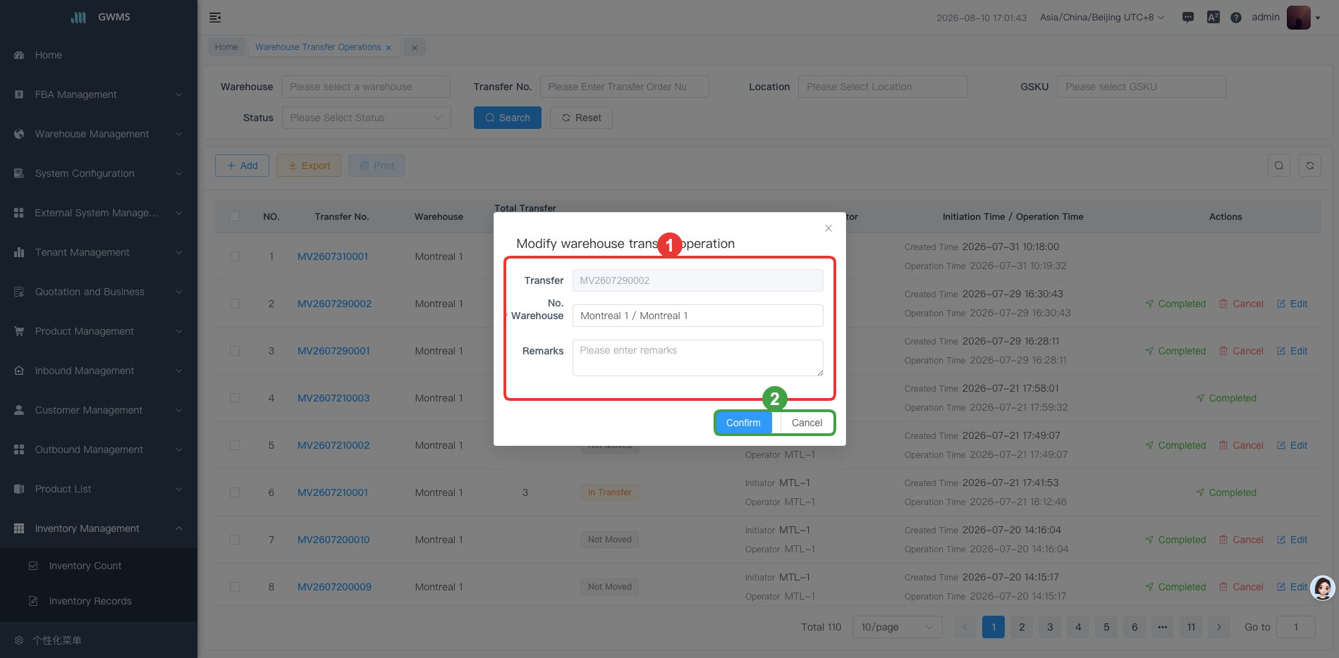 Edit a transfer order