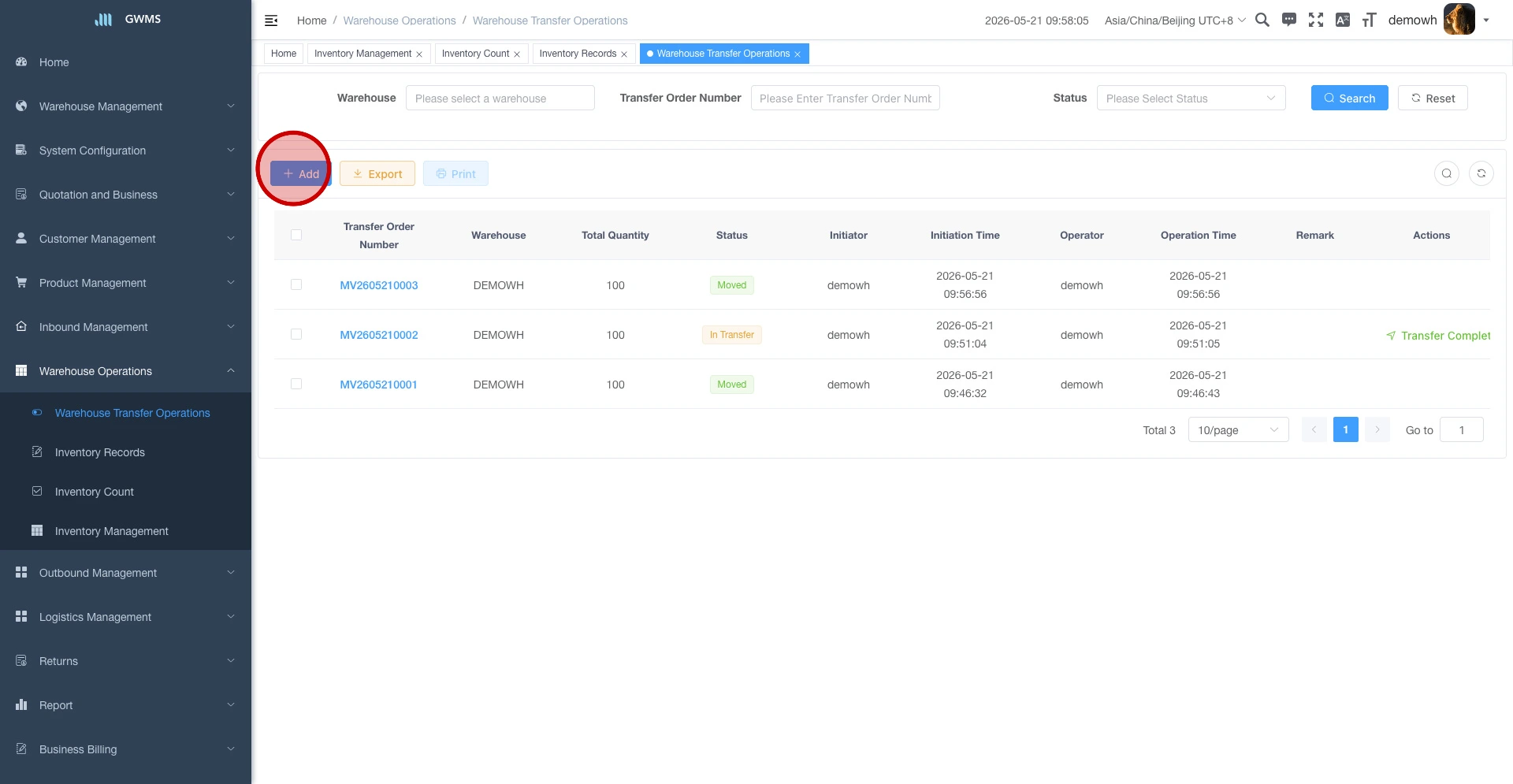 Click Add on the transfer order page
